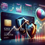 A credit card with security shields in front, surrounded by digital financial graphs, charts, and data icons, representing the cybersecurity and protection of financial information for smarter financial choices.