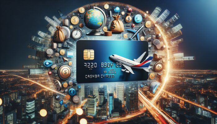 A sleek credit card with travel rewards, cashback, and security icons against a night cityscape.