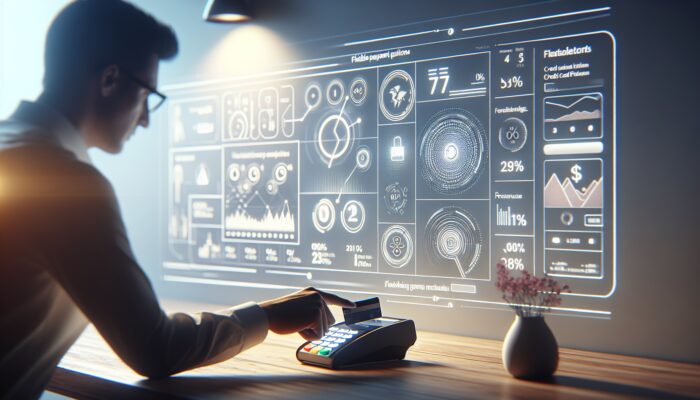 Person using credit card at modern terminal, screen showing flexible payment options and percentages.