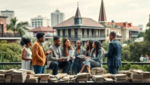 A group of eight people in business attire converse outdoors on a terrace with stacks of documents on a table, discussing the impact on communities of payday loan bans. Historic buildings and cityscape are visible in the background.