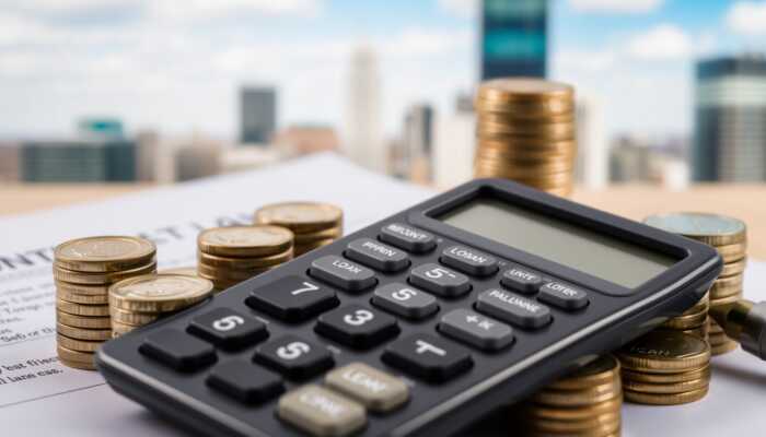 Calculator showing loan calculations with coins, a contract, and a blurred city skyline, representing personal finance.