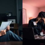 A split image shows a man on the left calmly reading papers, while on the right, the same man appears stressed at a cluttered desk with bills—highlighting how cruise tips can help you avoid budget stress and find cheap cruise deals for hassle-free travel.