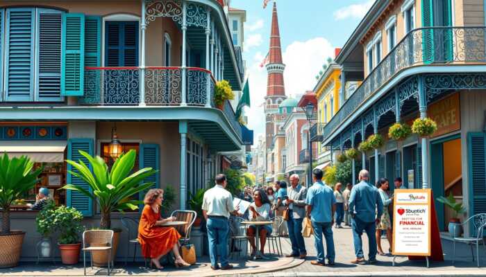A diverse group of people discussing financial options outside a café in a vibrant New Orleans street scene, showcasing community and empowerment.