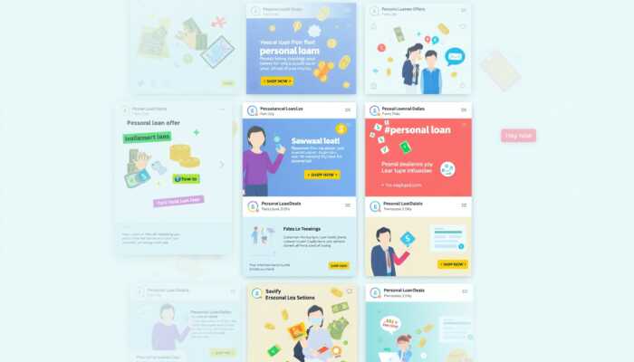 A lively social media feed displaying colorful posts about personal loan offers, featuring graphics of promotions, money symbols, and financial influencers, alongside dynamic hashtags like #PersonalLoanDeals and #QuickLoanSavings.
