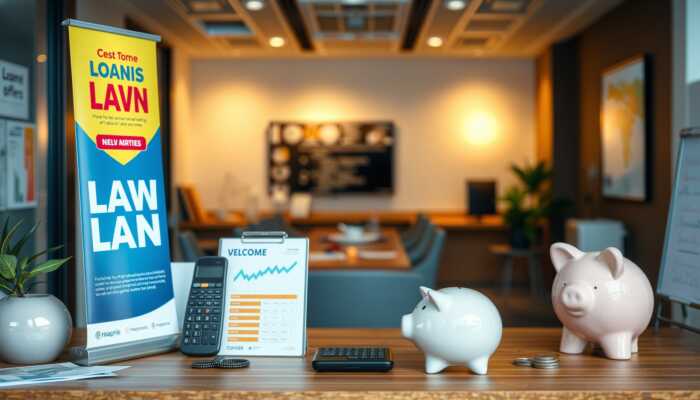 Promotional materials for personal loans in a financial office, featuring banners, flyers, a calculator, piggy bank, and interest rate charts.