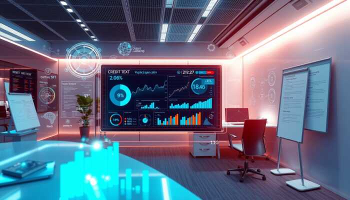 Futuristic digital interface showcasing complex data analytics and visualizations for credit assessments, highlighting artificial intelligence and machine learning in a modern financial office.