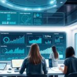 Five people work at computers in a modern office, surrounded by large digital screens displaying data, graphs, and financial analytics related to lending approvals and AI scoring for loan extraction statistics.