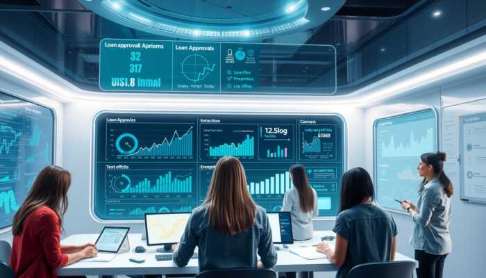 Five people work at computers in a modern office, surrounded by large digital screens displaying data, graphs, and financial analytics related to lending approvals and AI scoring for loan extraction statistics.