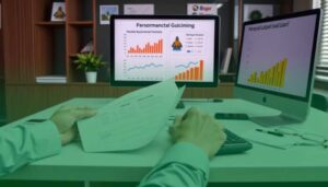 Person sitting at a desk reviewing key insights on financial documents, with two monitors displaying charts and graphs related to financial guidance and personal loan data. A calculator and office supplies are also on the desk.