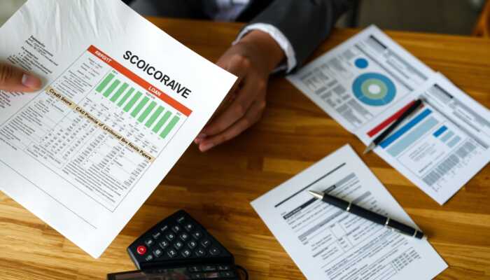 Person reviewing a credit score report and financial documents, including pay stubs and tax returns, with a calculator and pen, representing loan qualification and financial planning.