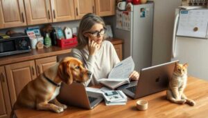 A woman sits at a kitchen table with two open laptops, paperwork, and a calculator—clearly focused on financial planning. Her dog and cat sit beside her on the table as she handles calls, balancing work with essential considerations for pet emergencies.