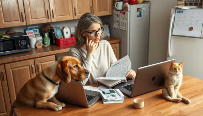 A woman sits at a kitchen table with two open laptops, paperwork, and a calculator—clearly focused on financial planning. Her dog and cat sit beside her on the table as she handles calls, balancing work with essential considerations for pet emergencies.