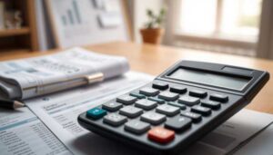 A calculator rests on financial documents and a desk with a pen, while charts and a plant are visible in the blurred background near a sunlit window, hinting at the use of payday loan pre-approval tools for financial planning.