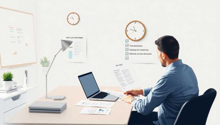 Person reviewing financial documents on a laptop at a desk, with a checklist of loan advantages, a clock indicating time savings, and a calm, organized workspace.
