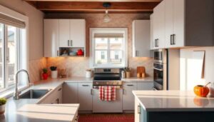 Modern kitchen with white cabinets, stainless steel appliances, central island, and a window above the stove. Sunlight streams in as a red-checked towel hangs from the oven—your dream kitchen awaits after a stylish kitchen renovation.