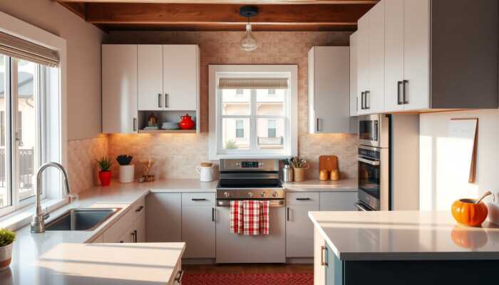 Modern kitchen renovation featuring sleek appliances and stylish cabinetry, with a view of New Orleans architecture through a window, illuminated by warm light.