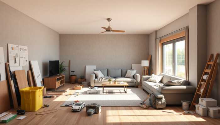 Cozy modern living room under renovation with tools and materials, blending new furniture and construction elements in bright daylight.