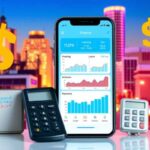 A smartphone displaying finance charts is placed among tools like a calculator, a card reader, and a keypad, showcasing the Republic Finance Mobile App amid a city skyline and large dollar signs in the background.
