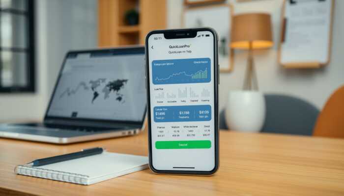 Smartphone showing the QuickLoanPro mobile app interface with financial graphs and loan options in a cozy home office setting.