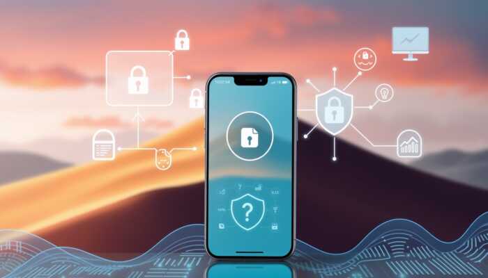 Mobile app interface showcasing secure personal finance features with locks, shield icons, and encrypted data flow graphics in a digital landscape.