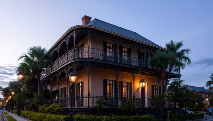 A tranquil New Orleans street at dusk featuring a historic home with wrought-iron balconies, lush greenery, and glowing street lamps, symbolizing community and accessible financial solutions.