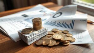 Stacks of paper money and piles of coins are arranged on a wooden table, with financial documents displaying charts and graphs in the background—perfect for debunking common personal loan myths. Sunlight partially illuminates the scene.