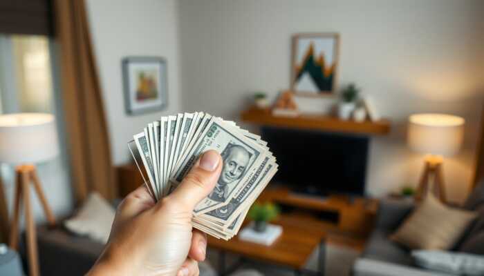 A hand holding a stack of cash in a cozy living room, symbolizing financial freedom and personal choices.