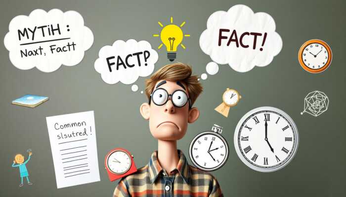 A whimsical collage illustrating common misconceptions, featuring a confused person with thought bubbles of myth vs. fact, a lightbulb moment, and iconic symbols like a flat Earth, a broken clock, and exaggerated animal features.