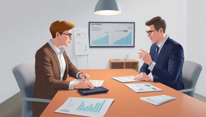 A lender and borrower discussing loan eligibility in a professional office, surrounded by a credit score chart, income documents, and debt statements, highlighting trust and financial assessment.