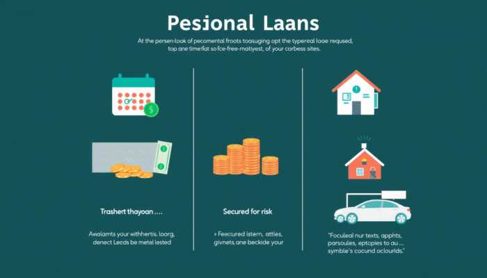 Infographic illustrating the three main types of personal loans: traditional personal loans with a calendar and money symbol, installment loans represented by arranged coins or bills, and secured loans featuring a house and car as collateral, highlighting their risks and benefits.