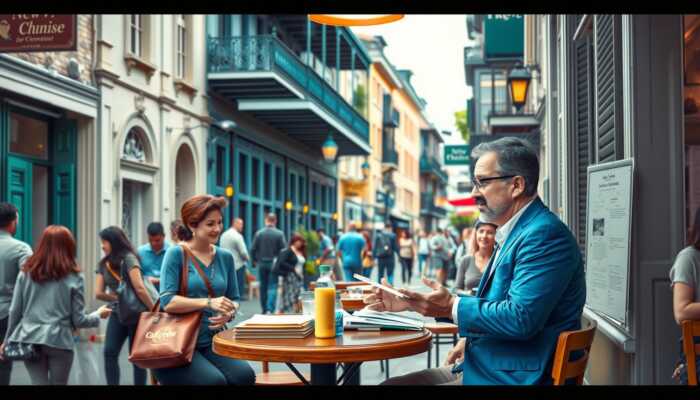 A friendly loan officer discusses financial solutions with a local resident in a cozy café on a bustling New Orleans street with historic architecture.