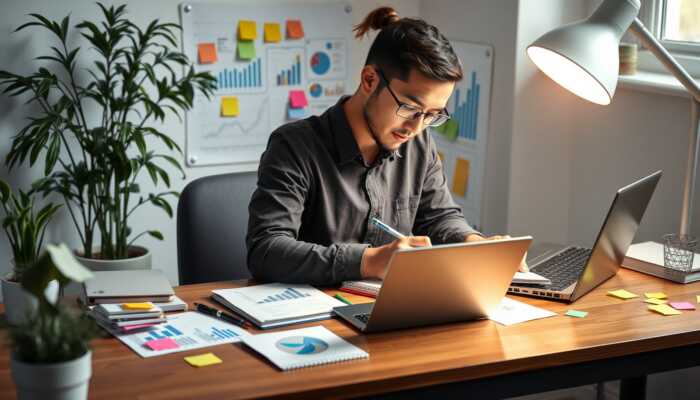 Person tracking expenses in a notebook at a serene workspace with a laptop, financial charts, and a calming indoor plant, symbolizing financial awareness and organization.