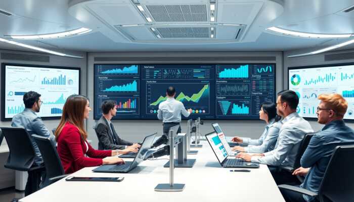 Diverse professionals in a futuristic financial office analyzing data on large screens, highlighting the role of predictive analytics in personal loan decision-making.
