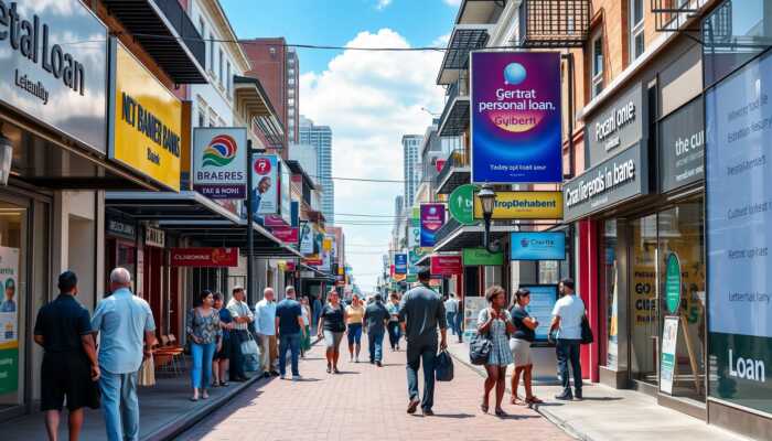 A vibrant New Orleans street scene featuring traditional banks and modern loan service ads, with diverse consumers discussing finances, highlighting the dynamic personal loan market.