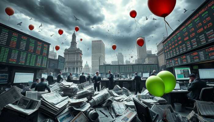 Chaotic financial market scene showing a crumbling stock exchange with panicked investors, falling stock prices, and scattered newspapers about economic instability, alongside symbols of excessive debt and market speculation under a stormy sky.