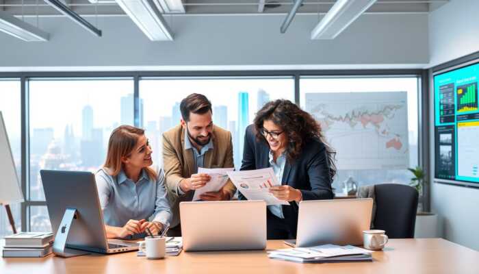 A diverse team of marketing professionals collaborating on personal loan PPC campaign ideas, surrounded by data charts and financial documents in a dynamic workspace with a city skyline view.