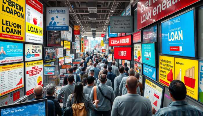 A crowded digital marketplace showcasing various personal loan advertisements, emphasizing intense competition among lenders with eye-catching visuals of loan offers and calculators.