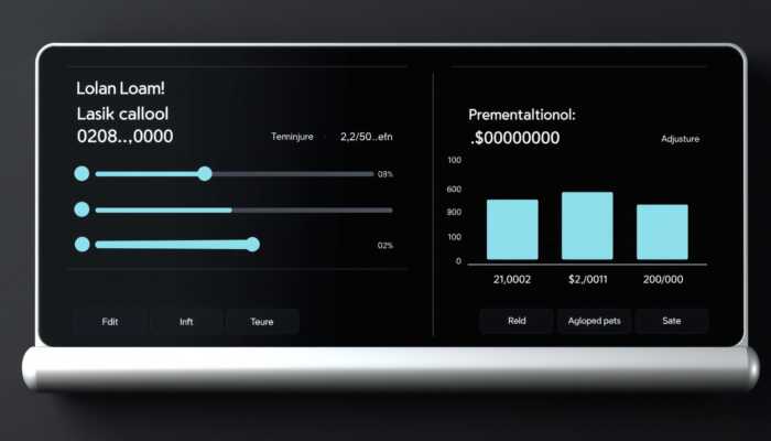 Modern loan calculator interface with adjustable sliders for amount, interest rate, and term, featuring dynamic payment breakdown graphs in a professional design.