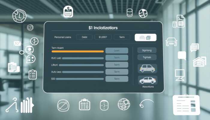 Loan calculator interface showing personal and auto loan options with sliders for amount, interest rate, and term, featuring icons for debt consolidation and vehicle purchases on a financial-themed background.
