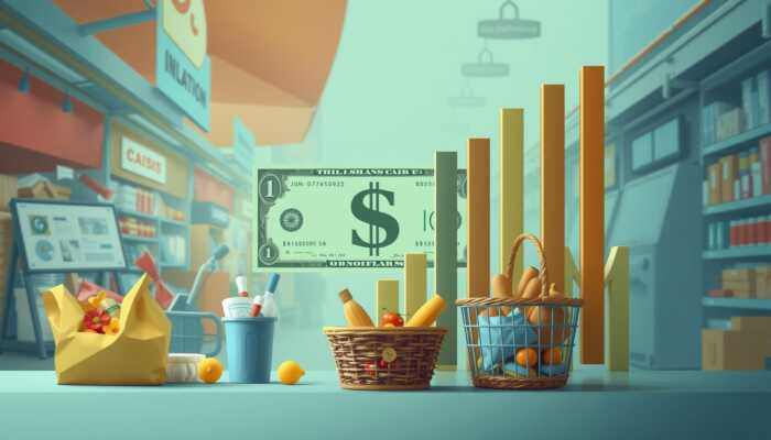 A conceptual illustration of inflation, depicting a shrinking dollar bill surrounded by ascending bar graphs and a basket of consumer goods in a bustling marketplace, symbolizing the impact of rising prices on the economy.
