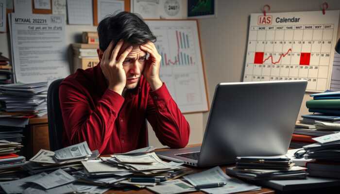 A stressed individual at a cluttered desk with bills and a laptop showing high interest rates, holding their head in their hands, while a calendar marked with a seasonal spike is visible in the background.