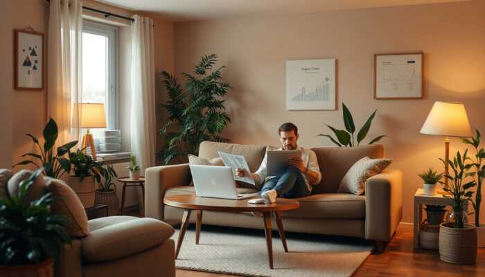A person sitting on a couch in a cozy living room, reviewing financial documents on a laptop, surrounded by plants and warm lighting, representing financial stability.
