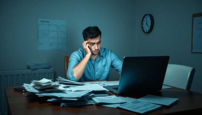 A worried person sitting at a table cluttered with bills and financial documents, looking at a laptop displaying a personal loan application, with a clock indicating time pressure in a dimly lit room.