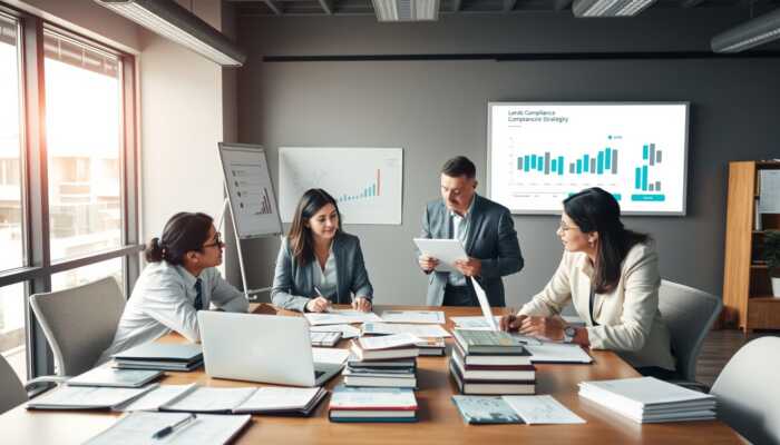 Diverse lenders collaborating in a professional office, discussing compliance strategies with documents, a laptop, and regulatory books on the table.