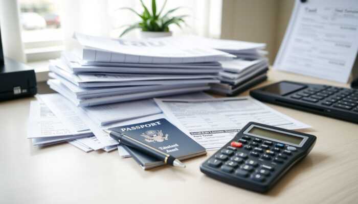 Organized desk with documents for personal loan application, including pay stubs, tax returns, identification, Social Security card, and bank statements.