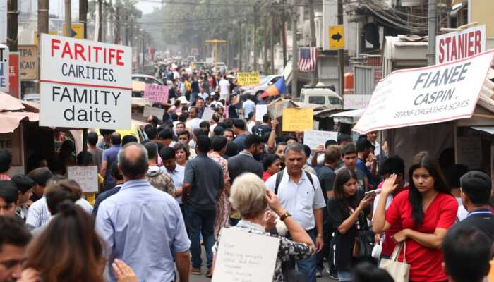 A chaotic street scene after a natural disaster shows people interacting with makeshift charity booths, some labeled as fake charities with exaggerated signs and empty donation boxes, while others seem legitimate, highlighting the confusion and emotional impact of scams.