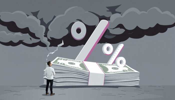A person contemplating a large stack of money with a giant percentage symbol and dark storm clouds, symbolizing high-interest rates and financial burden.