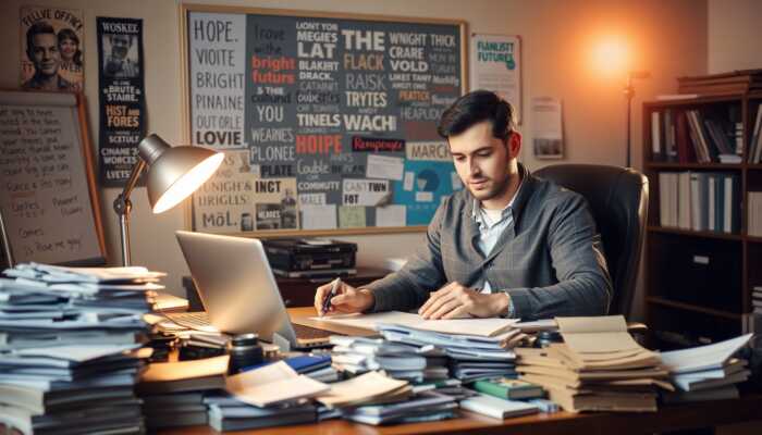 Person at a cluttered desk with bills and a laptop, focused on writing a financial recovery plan, surrounded by a vision board of motivational quotes, symbolizing hope and determination.