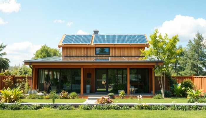 Modern eco-friendly home makeover with solar panels, native plant garden, rainwater collection systems, and energy-efficient windows in a sunny setting.