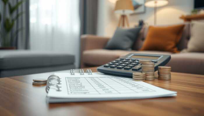 Calculator, notepad with a monthly budget plan, and stack of coins on a wooden table, set against a blurred cozy living room background.